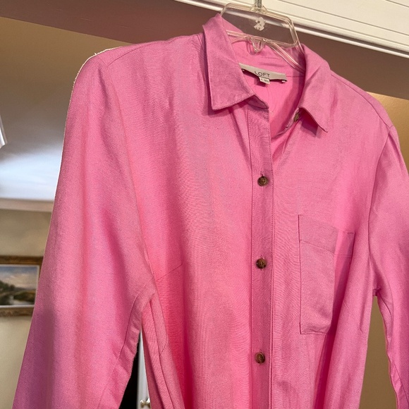 NWOT LOFT Pink Linen Blend Shirt Style Maxi Dress with Tie Belt Size 6 - Picture 5 of 6